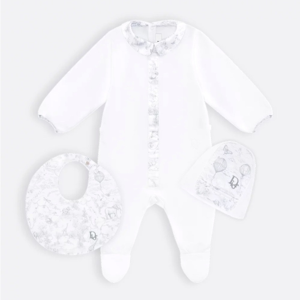 Dior White Baby Footie with Hat